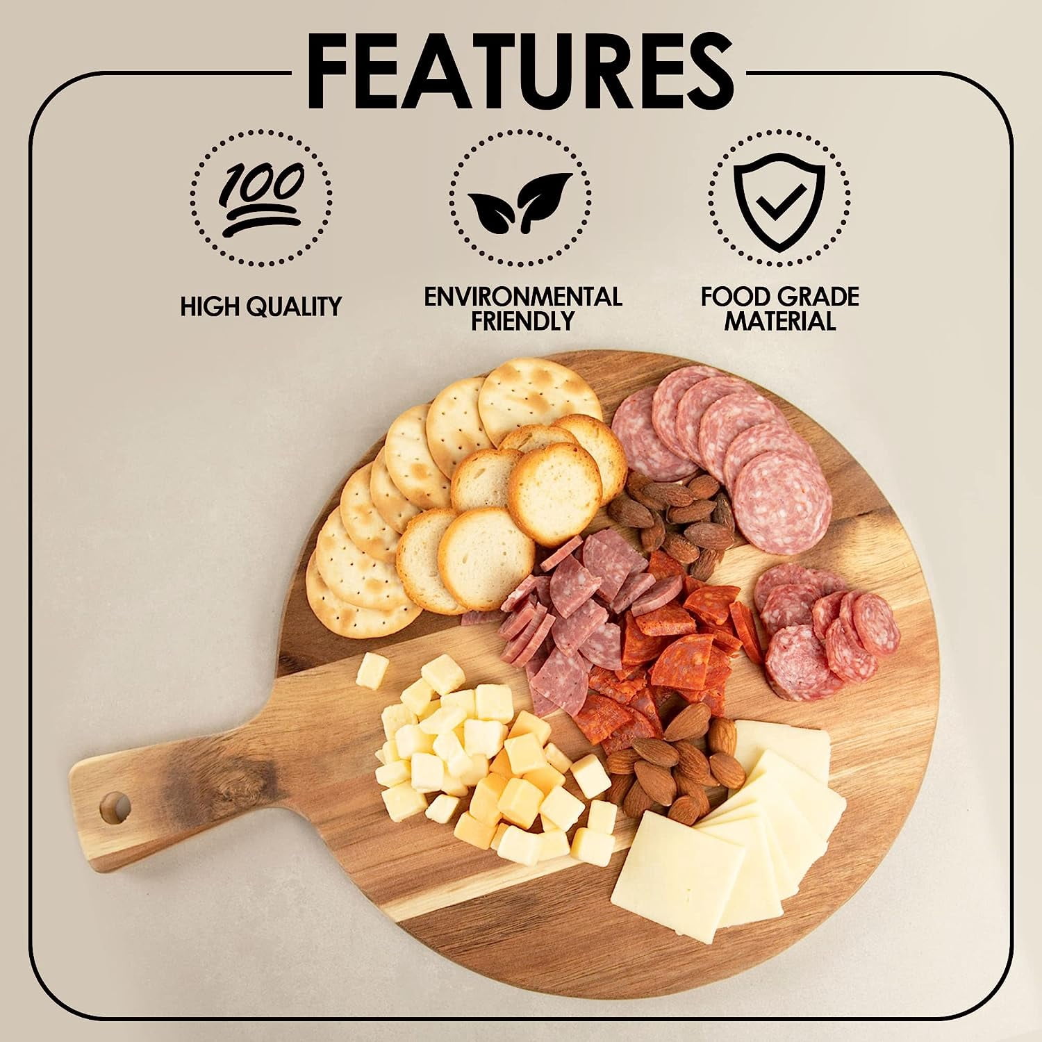 Premium Acacia Cutting Board with Handle - Wooden Chopping Board for Kitchen (12"x16") Round Acacia Paddle Cutting Boards for Meat, Bread, Serving Board, Cheese, Vegetables & Fruits.