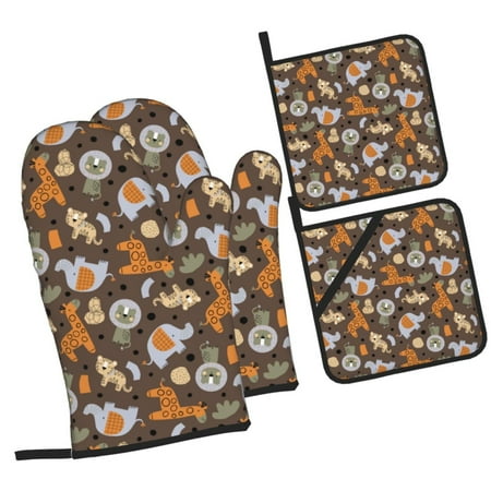 

Haiem Cute Lion Tiger Print Extra Long Oven Mitts and Pot Holders 4pc Sets: Heat Resistant Silicone Oven Mittens with Mini Oven Gloves and Hot Pads Potholders
