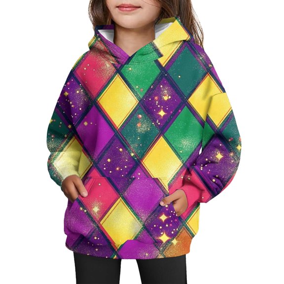 LNZGNM Mardi Gras Girl's Hooded Sweatshirt 9-10Y Cozy Colorful Mask Hoodies Casual Long Sleeved with Kangaroo Pocket Shirt Tie Dye Spring Outfit for Party, Light Green, 9-10Y