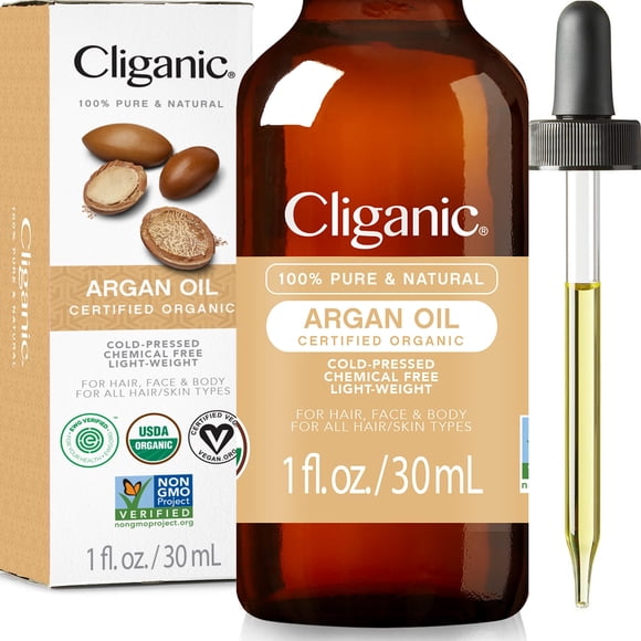 Aceite de argán orgánico Cliganic para cabello, rostro y piel (1 oz) - puro prensado en frío