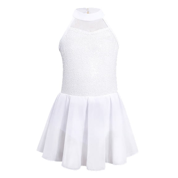 VNKIDY Girls Dance Dress Kids Solid Color Halter Neck Ballet Dress Sparkle Sequin Bodice Chiffon Skirt Dress For Dance Performance Practice White 3-4 Years