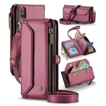 ShellTech Crossbody Wallet Women Men Bag Case for iPhone X / XS,Magnetic Leather Flip Case RFID Blocking 7-Card Holder Zipper Bills Slot Cash Pocket Stand Cover with Shoulder Wrist Strap,Winered