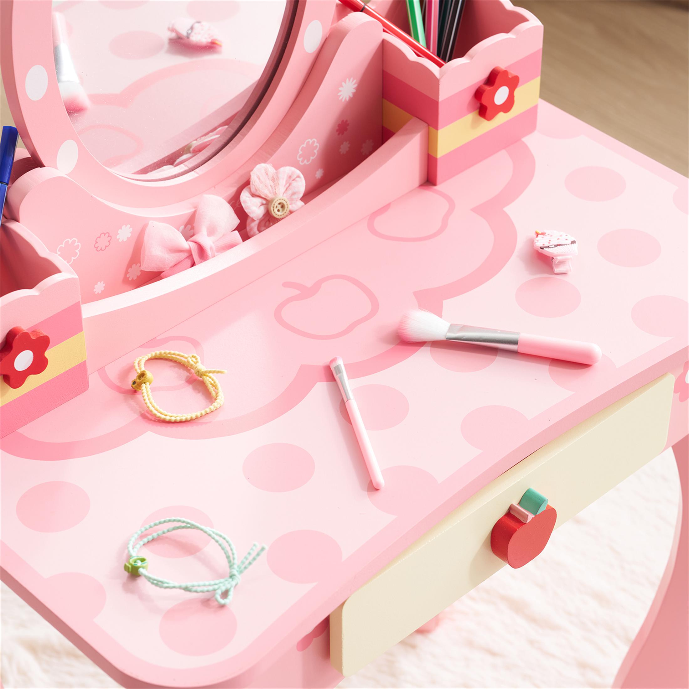 SESSLIFE Kids Vanity Set with Mirror and Drawers, Wooden Princess Makeup Desk Set, Toddler Dressing Table Set, Pretend Play Kids Vanity Table and Chair Set for Little Girls aged 3+, Pink