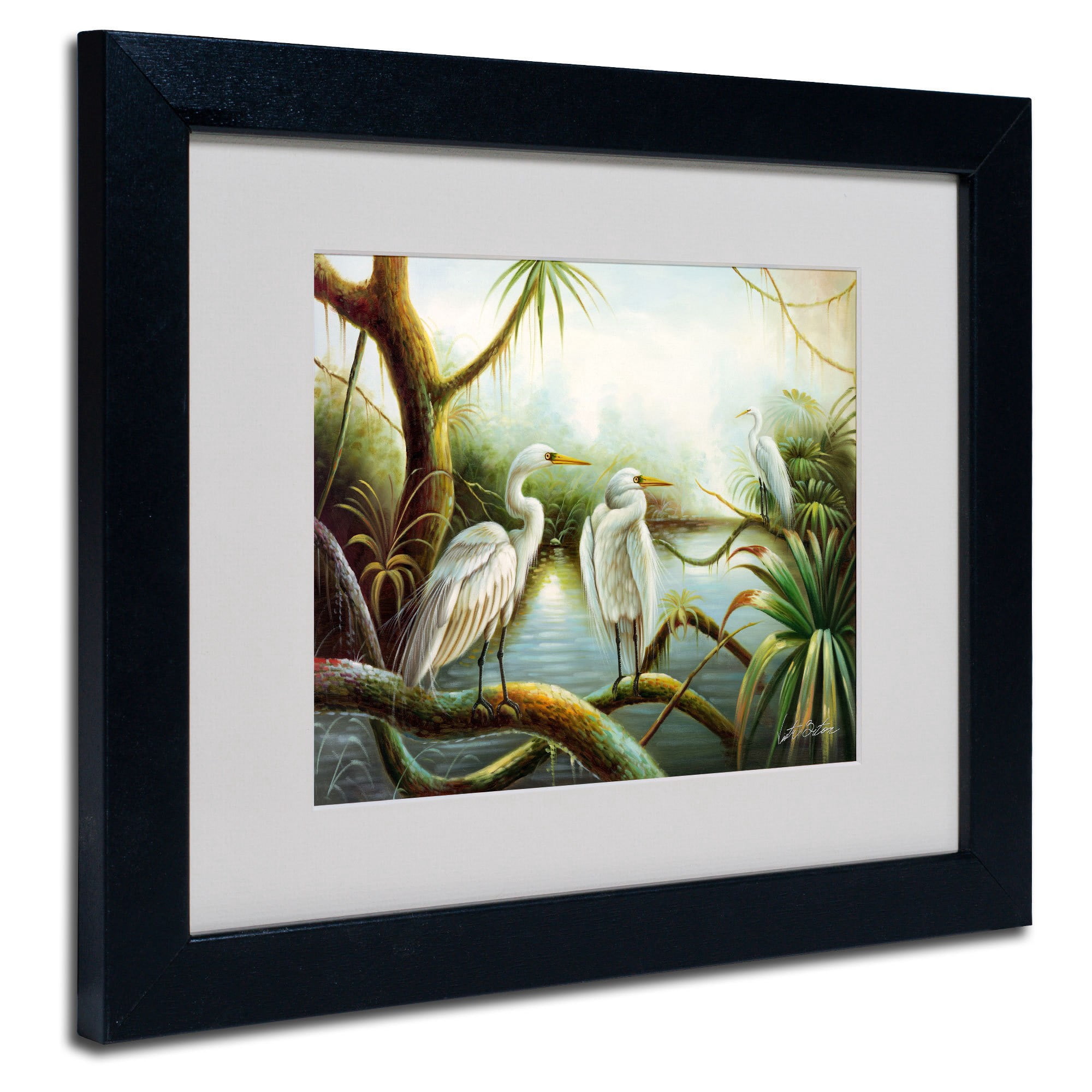 Trademark Fine Art "Three Herons" Canvas Art by Victor Giton, Black Frame