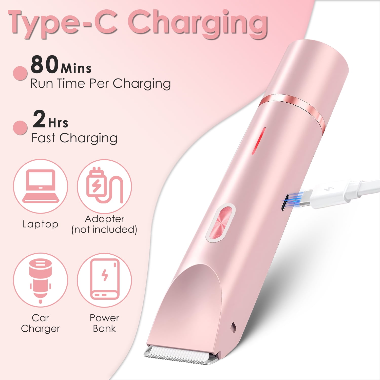 TeqHome 2-In-1 Bikini Trimmer for Women IPX7 Waterproof Electric Razors for Women Rechargeable Pubic Body Hair Trimmer Wet and Dry Use Gifts for Women Pink