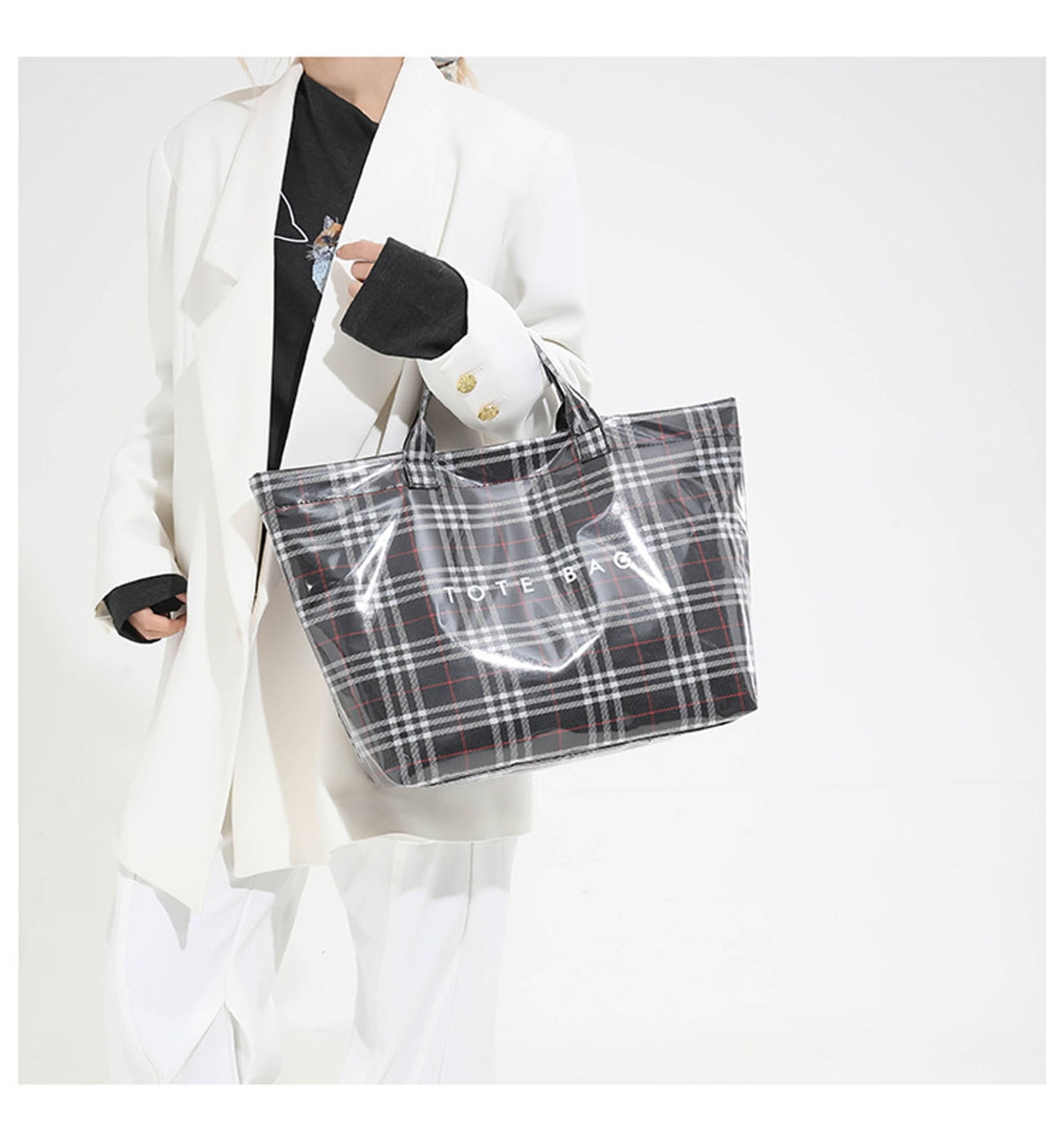Comefolife Christmas Black Plaid PVC Tote Bag for Women Vintage Christmas Buffalo Check Tote Bag Plastic Handbag