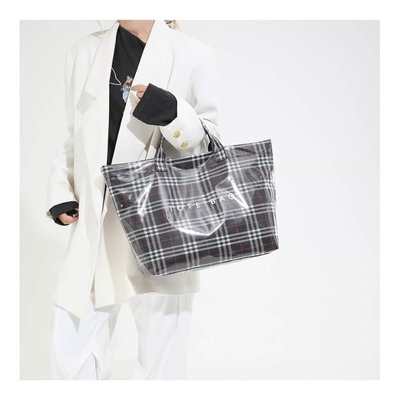 Plaid Print PVC Tote Bag for Women, Waterproof Plastic Handbag with Large Capacity for Shopping, Work, Travel, and Festive Gifting, Durable and Fashionable Design