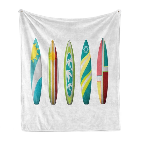 Surfboard Soft Flannel Fleece Throw Blanket, Colorful Tropical Geometric Designed Ornamental Water Sport Surf Objects, Cozy Plush for Indoor and Outdoor Use, 50" x 70", White Multicolor, by Ambesonne