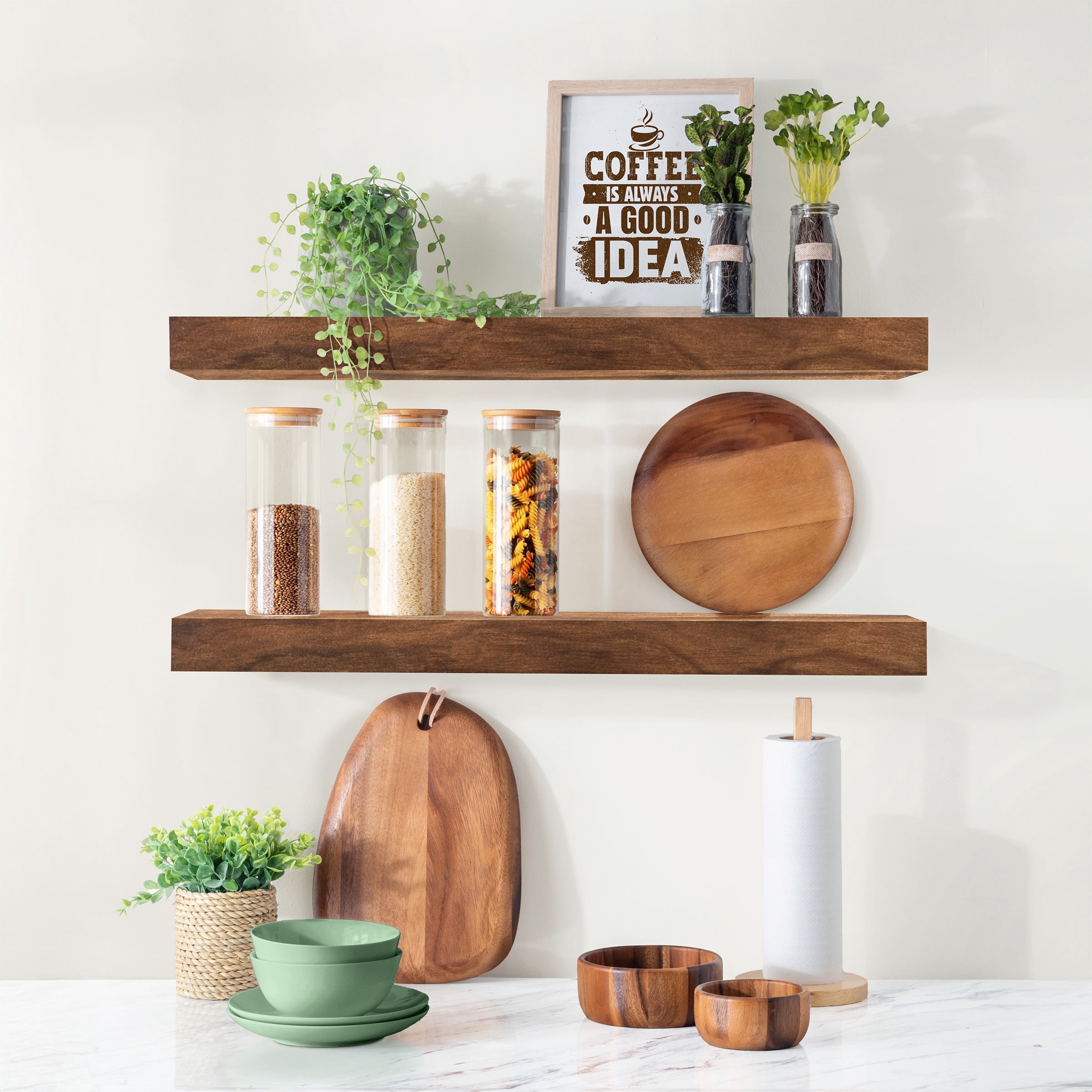Sorbus 2-Pack Solid Wood Floating Shelves, 24 in, Brown, Wall-Mounted Storage
