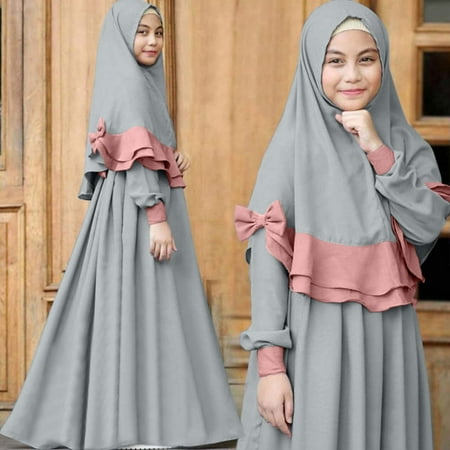 

QISIWOLE Girls Long Sleeve Solid Color Round Neck Dress Lace Turban Two Piece Muslim Children s Clothing Savings !