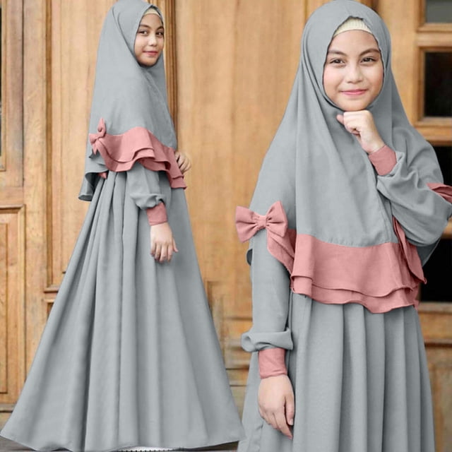 DPTALR Robe à Manches Longues pour Filles Couleur Unie Col Rond Turban en Dentelle Ensemble Deux Pièces Vêtements pour Enfants Musulmans