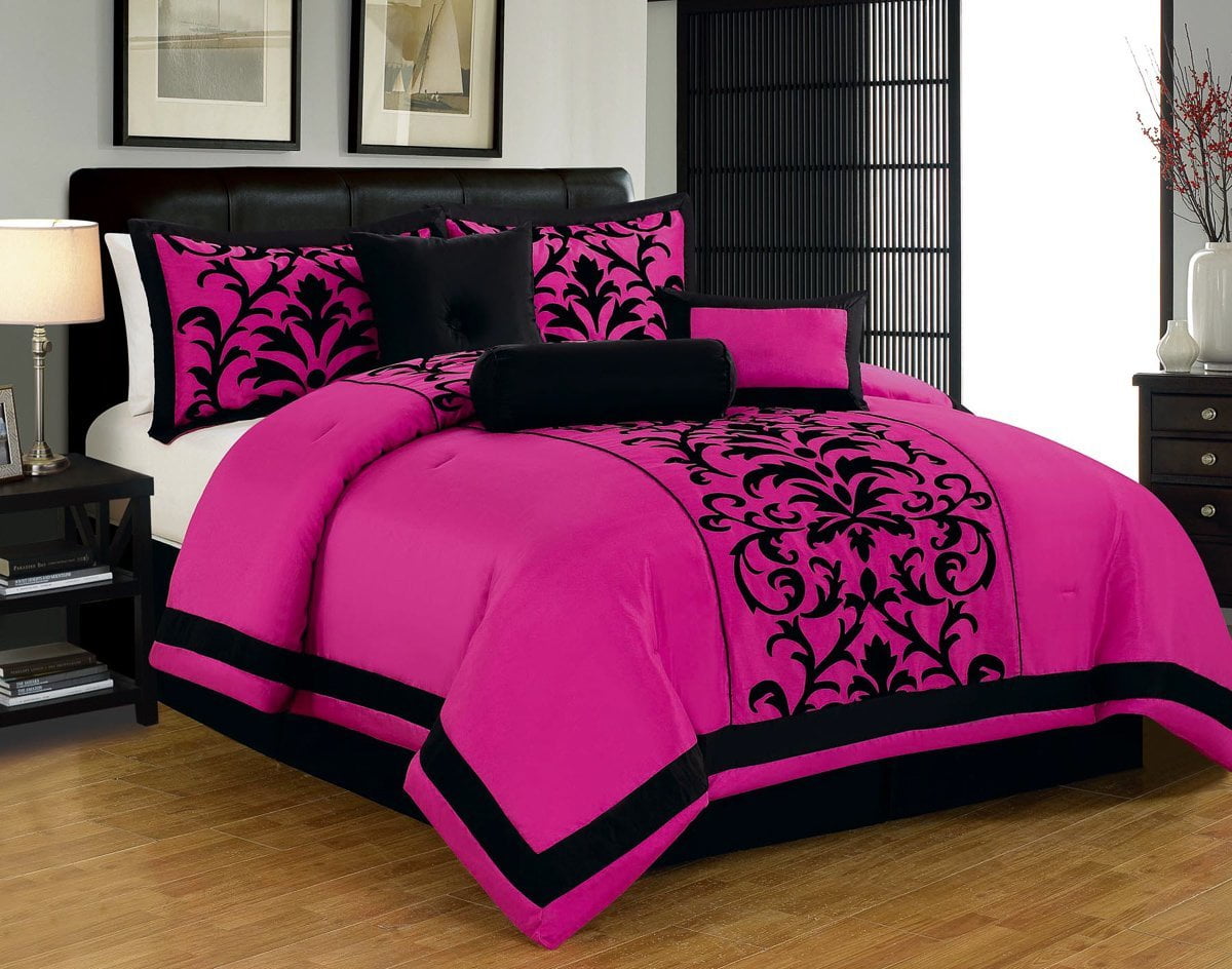 Donna Queen Size 8 Piece Damask Flocking Over Sized Comforter Bedding Set Pink And Black