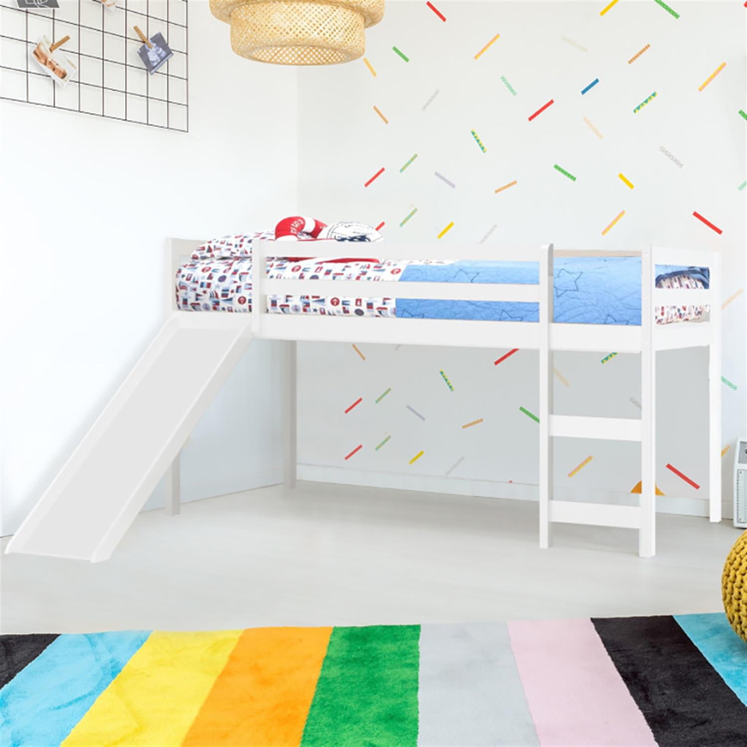 Demi Bonn Twin Over Twin Floor Bunk Bed with Slide and Ladder, Solid Pine Wood Low Bunkbeds with Safety Guardrails for Dorm, Bedroom, Guest Room, White