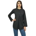 thumbnail image 4 of Phagun Women Summer Tunic With Box Pleat Long Sleeve Black Top Casual Blouse - 4, 4 of 8