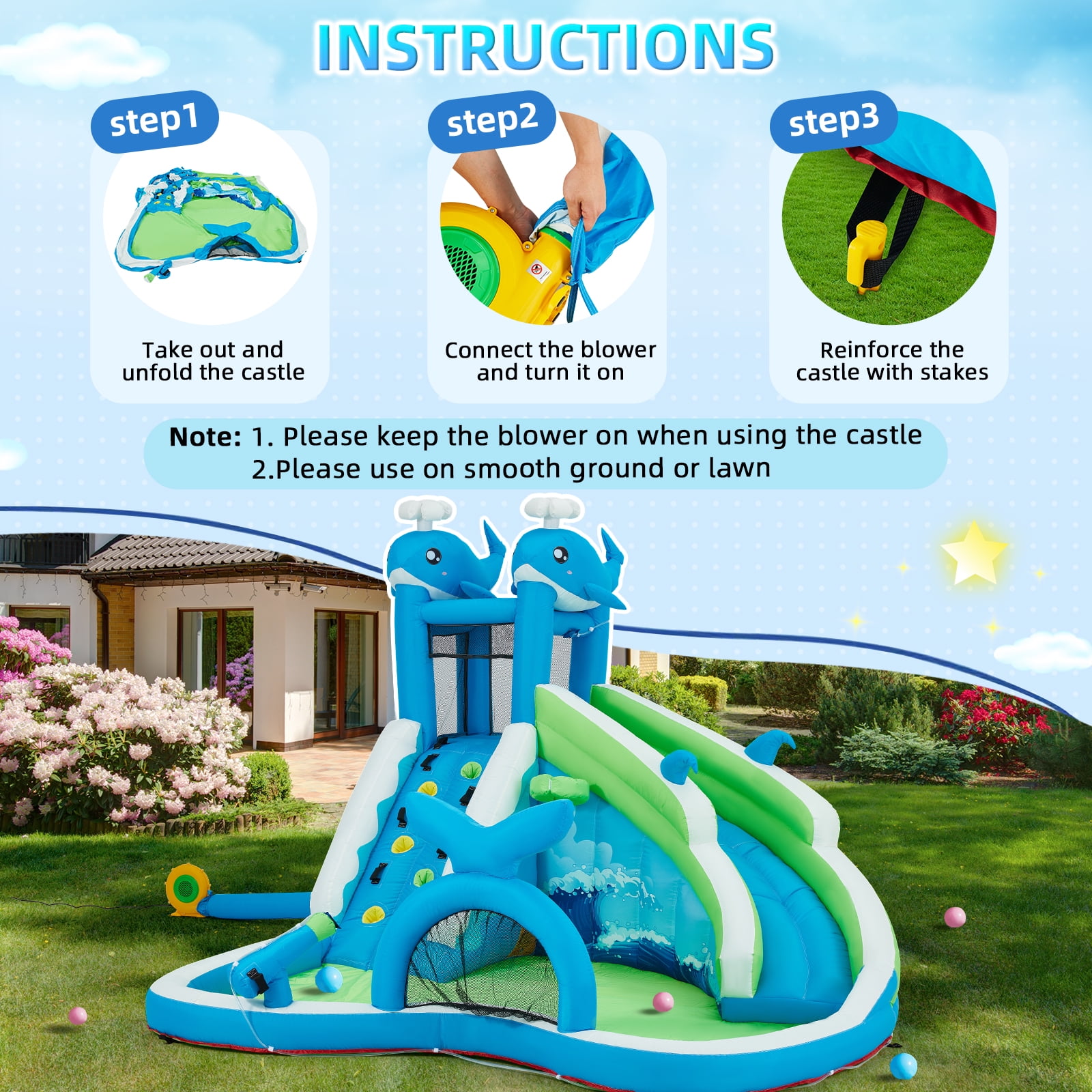 EROMMY Inflatable Water Slide, 6-in-1 Whale Outdoor Bounce House for Kids Aged 3-10 with Water Cannon, Climbing Wall, Basketball Hoop, Soccer Goal, Storage Bag, 480W Blower