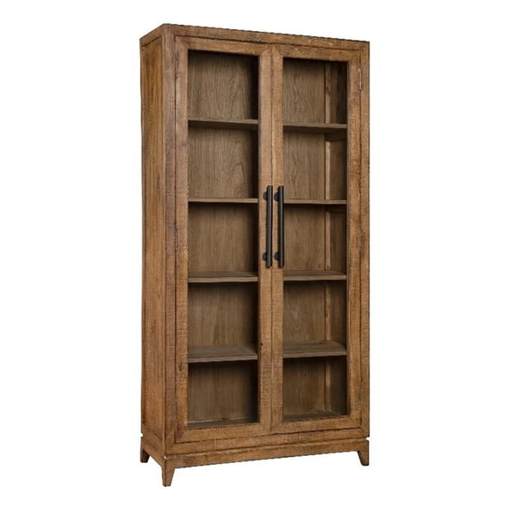 Benjara Orla Tall China Cabinet- 2 Glass Doors- Antique Brown Reclaimed Wood