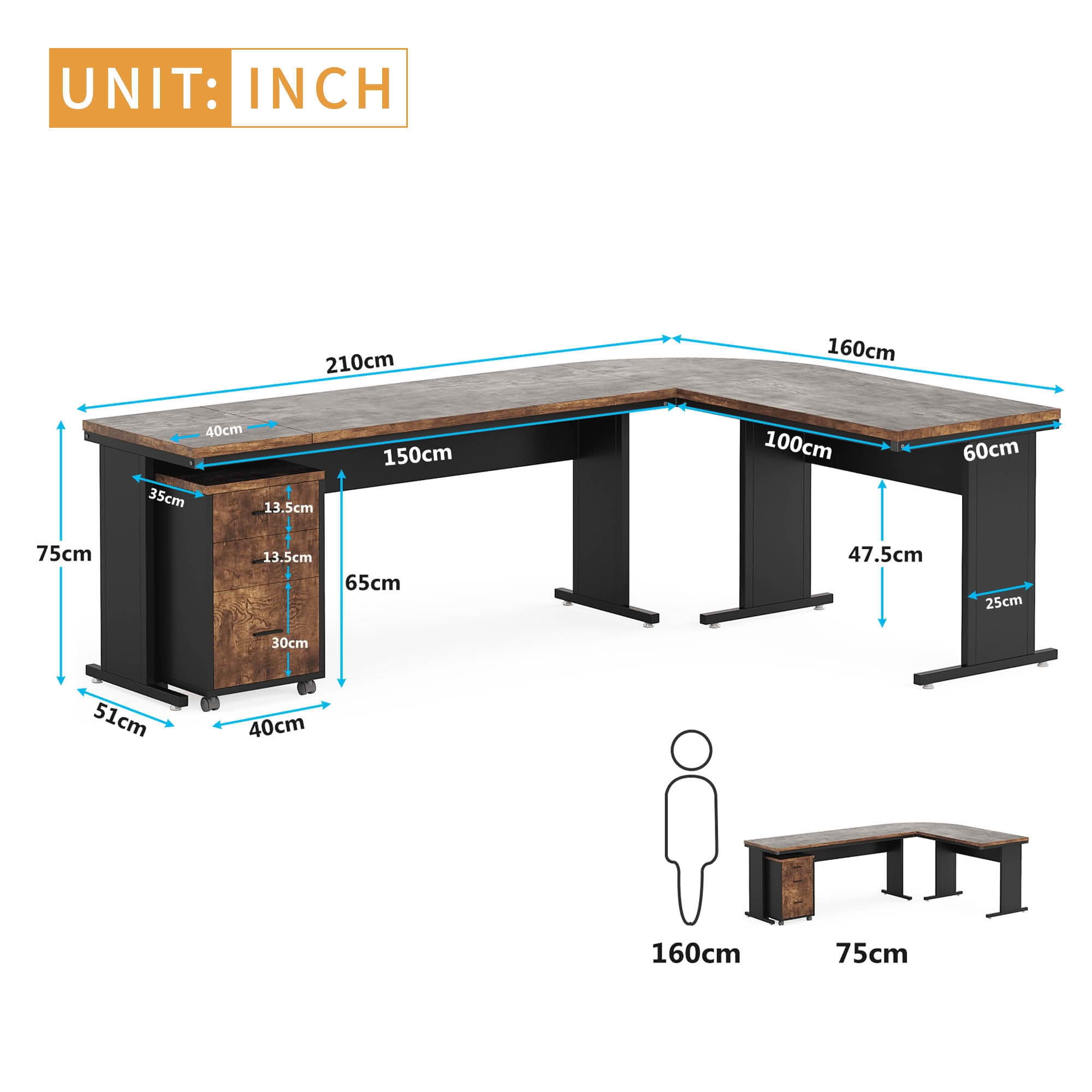MAYEERTY 83 Inch Reversible Industrial L-Shaped Executive Corner Desk with Mobile 3-Drawer File Cabinet, Rustic Brown Particleboard Black Steel Frame Workstation for Home Office