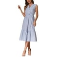 thumbnail image 4 of INSPIRE CHIC Women's Summer V Neck Button Down Sleeveless Pleated Ruffle Striped Midi Shirt Dress XS Blue, 4 of 5