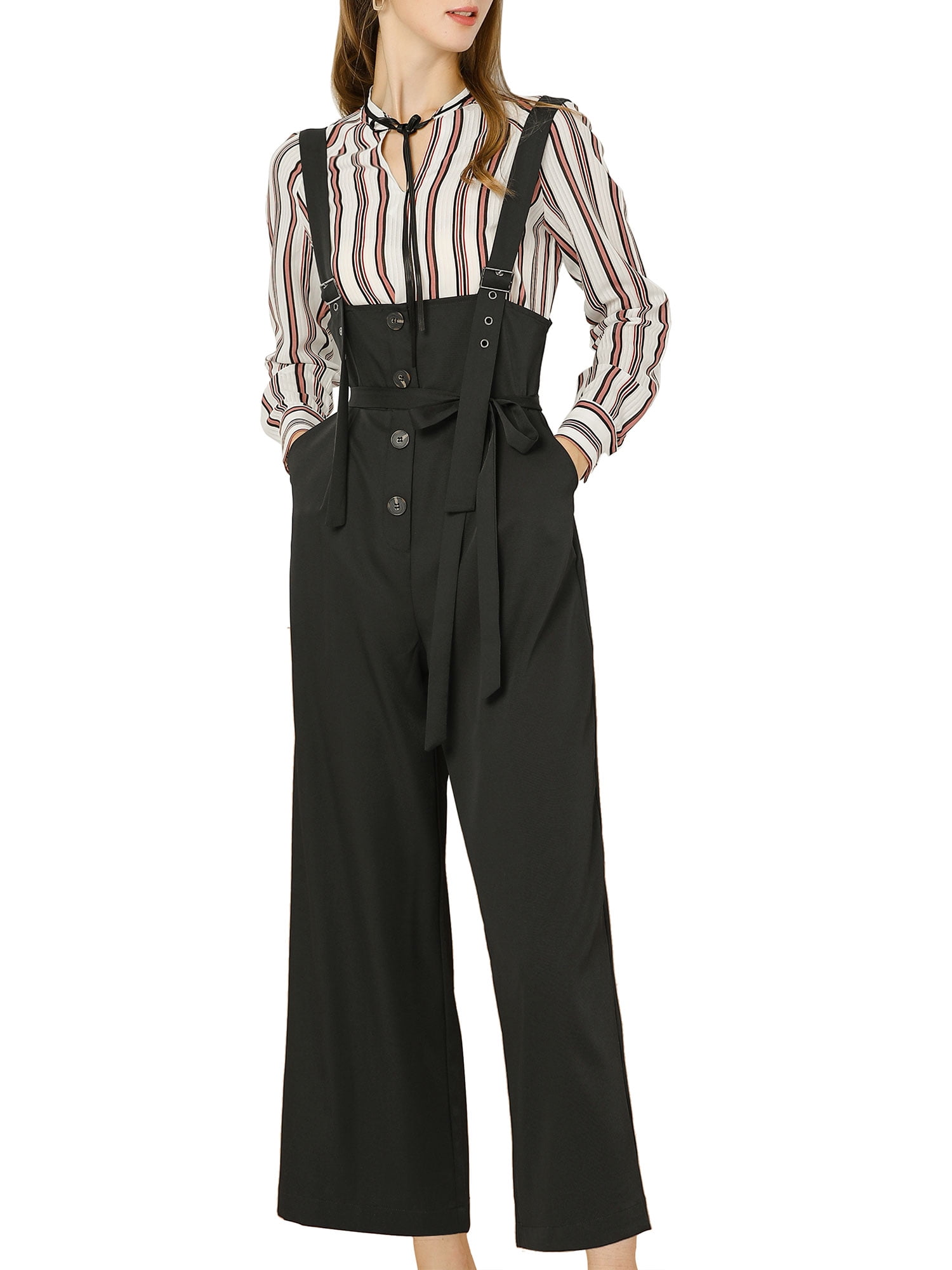 DARING DIVA Women's Button Front High Waist Belted Overall Jumpsuit M Black