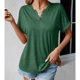 thumbnail image 5 of Camiseta de Mujer Manga Corta Botón Decoración Cuello en V Color Puro Señora Jersey Top para el Trabajo Compras Diarias Verde M, 5 of 8