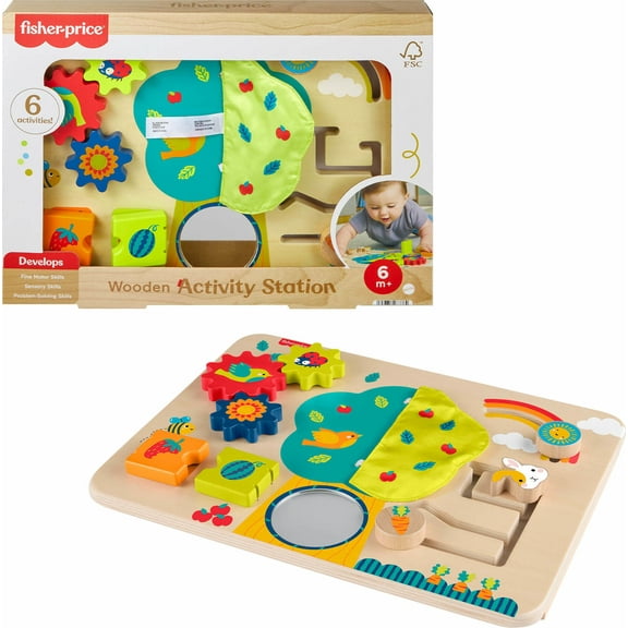 Fisher-Price Wooden Activity Station Baby Busy Board Toy for Developmental Play, 6 Months  
