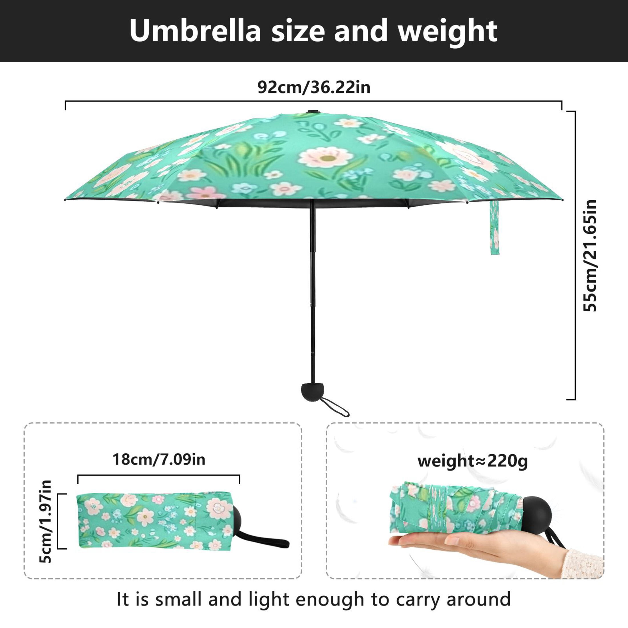 Mint Green Floral Pattern Umbrellas for Sun Auto Open Close UV50+ Waterproof 5-Fold Compact Fiberglass Frame
