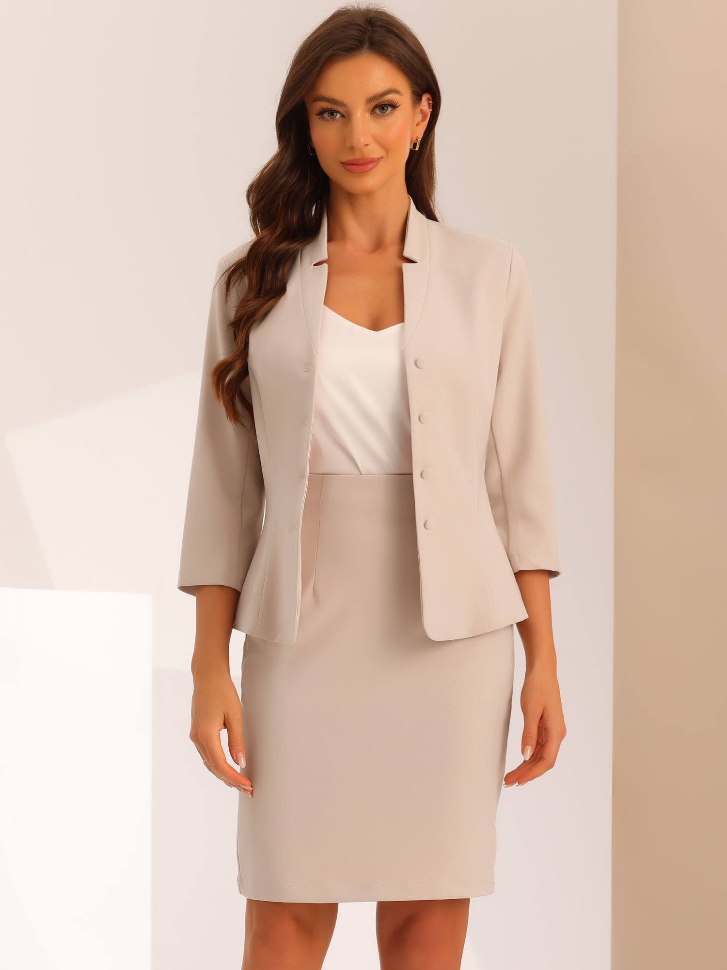 DARING DIVA 2Pcs Women's Notched Collar Business Pencil Skirt Suit Set M Beige