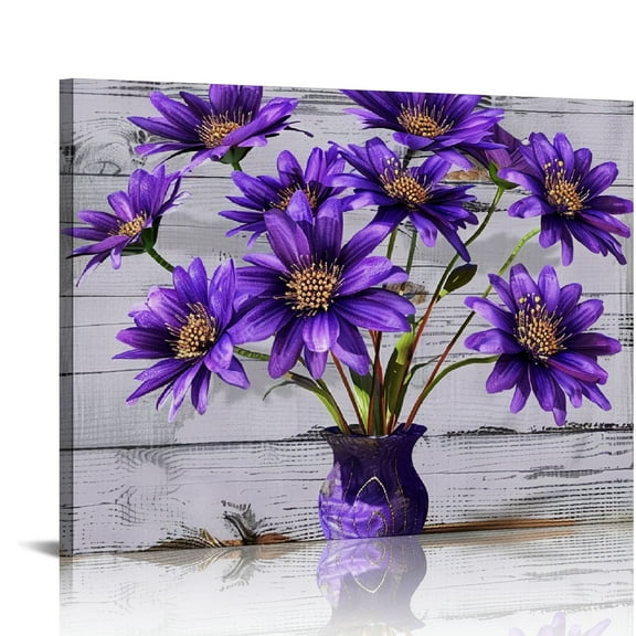 COMIO Vintage Style Purple Daisy Flower With Wood Grain Wall Art Flower Picture Canvas Posters Print Modern Floral Artwork Framed For Living Room Bathroom Bedroom Wall Painting Home Decor