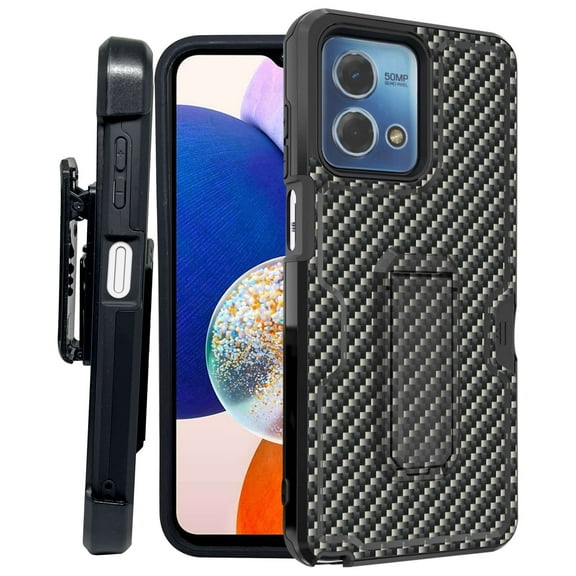 ANJ  Rugged Shockproof Kickstand Hybrid Case with Card Slot and Holster   Tempered Glass Cover for Motorola Moto G Stylus 5G (2023) - Carbon Fiber Print