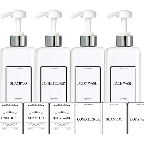 EZPRO USA Empty Plastic Bottles Pump Shampoo Conditioner Body Wash Face, in Shower Bath Soap Dispenser Reusable, Waterproof Labels Included, 27 oz 800 ml, Set of 4, Silver White, Opaque Square Bottle