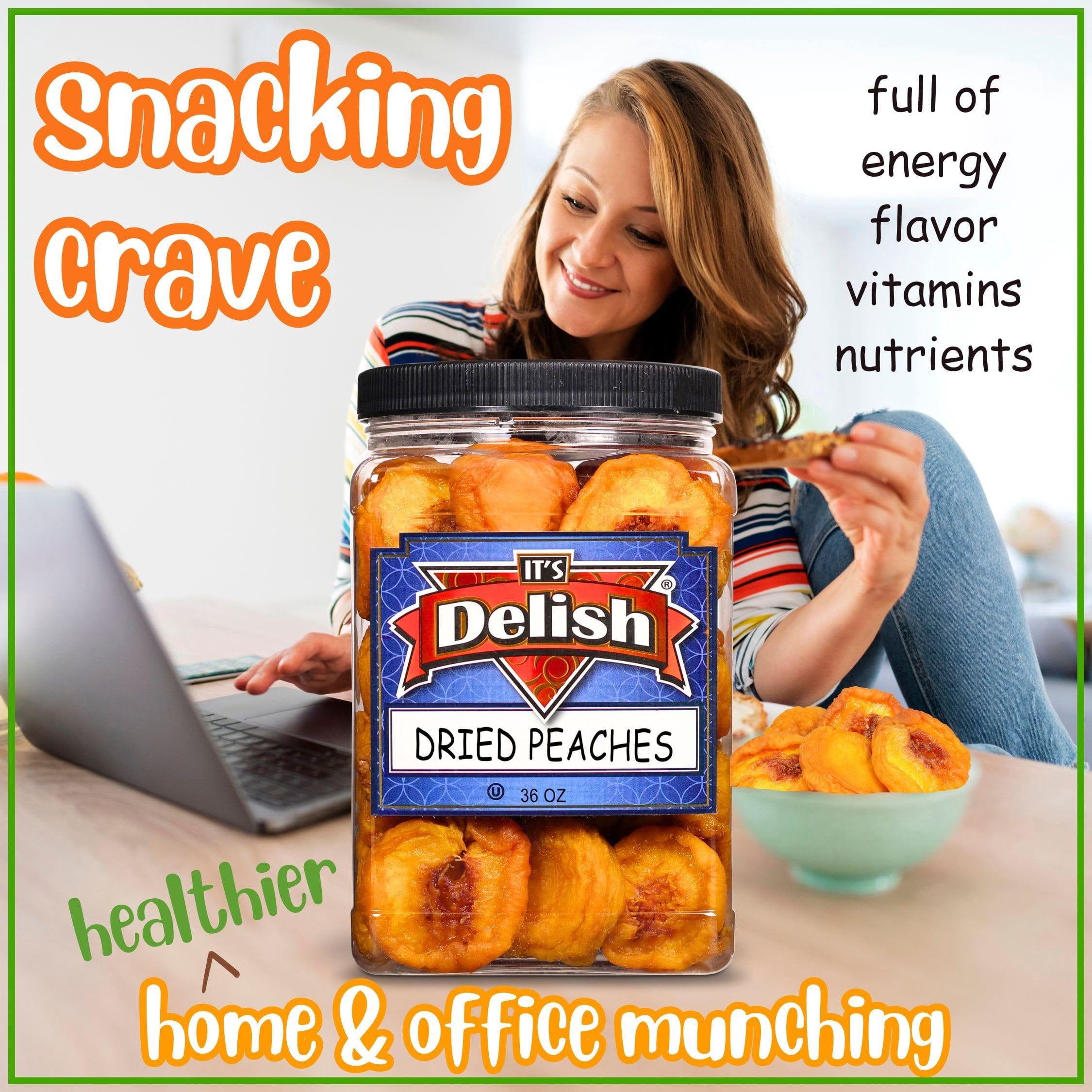 Dried Peaches by It's Delish, 36 OZ Jumbo Reusable Container  Naturally Sweet Peach Slices, No Sugar Added, Bulk Dried Fruit Healthy Snacks Fresh and Dry Sliced Peaches Snack  Vegan, Kosher