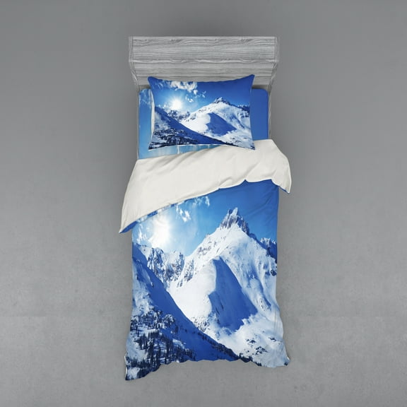 Ambesonne White Bedding Set 3 Pcs, Sunrise at Mountain, Twin XL, White Blue