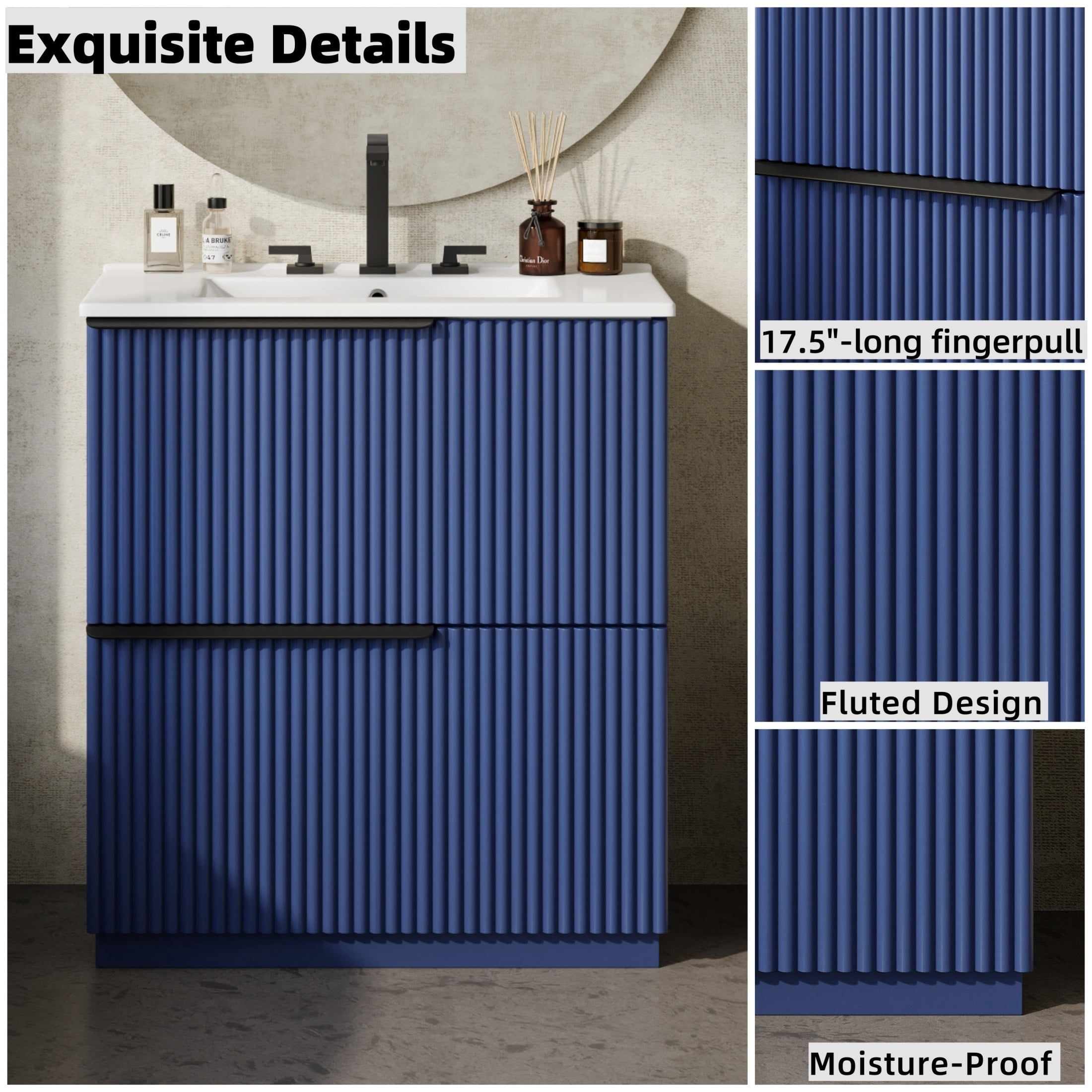 Christopher Knight Home 30" Bathroom Vanity with Sink, Soft-Close Drawers & Fluted Design, Blue
