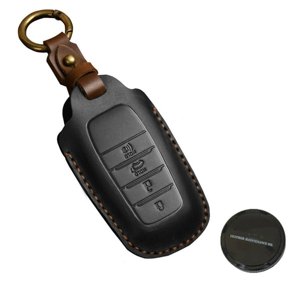 Leather Key Fob Cover Compatible with Toyota Land Cruiser, 4Runner, RAV4, Camry, Highlander 2019-2022, Smart Key Protector Holder with Leather Conditioner