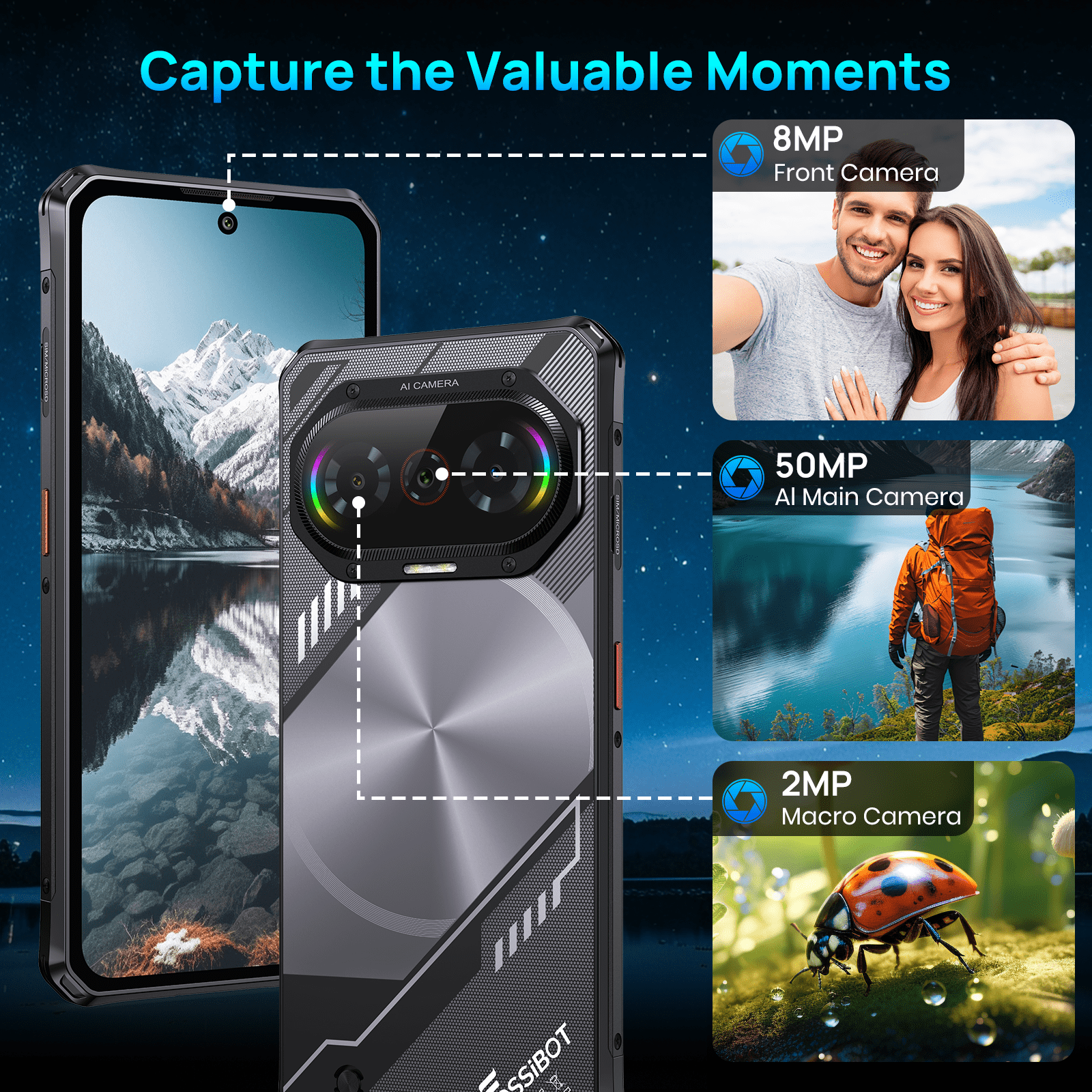 FOSSIBOT F114 Rugged Phone Unlocked Android 15, 16GB+128GB, 50MP AI Camera, 5000mAh Battery, Dual SIM 4G Mobile Phone,Triple Slot/NFC/Face ID/GPS