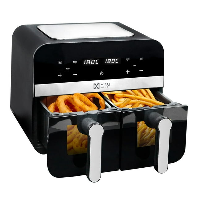 Freidora de aire digital Mirati. 9 litros, Doble canastilla, 1700 Watts, temperatura 80°-200°, Diseño con ventana. Modelo MFA13.