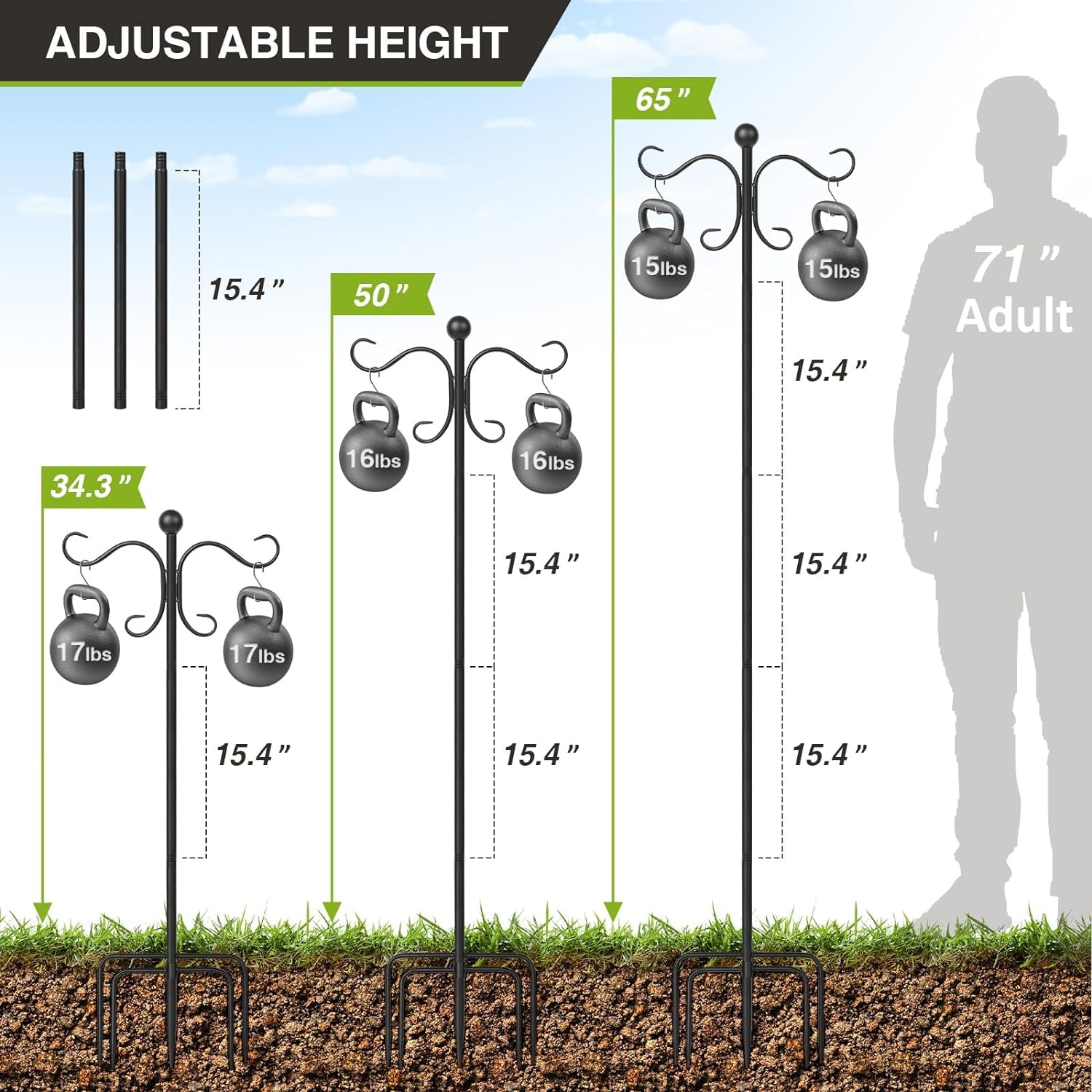 76 Inch Adjustable Double Shepherds Hooks for Outdoor Heavy Duty, Two Sided Garden Bird Feeder Pole for Hanging Plant Baskets, Solar Lights, Weddings Decor
