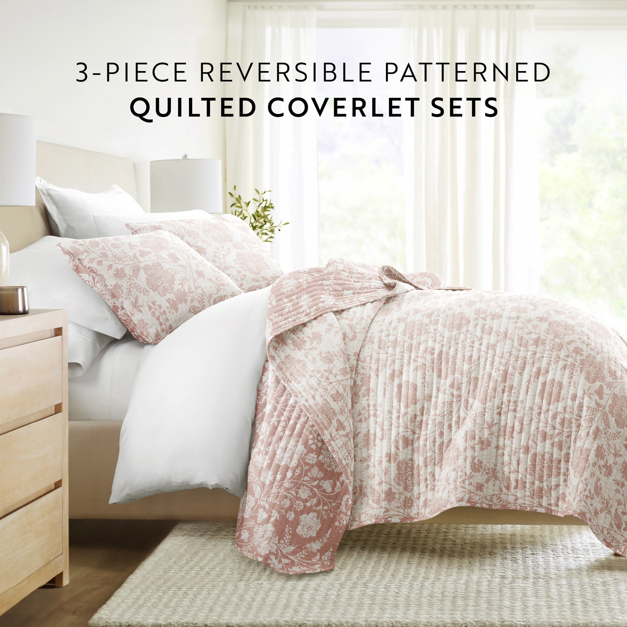 Noble Linens 3-Piece Rose Textured Floral Reversible Quilt Set, Queen
