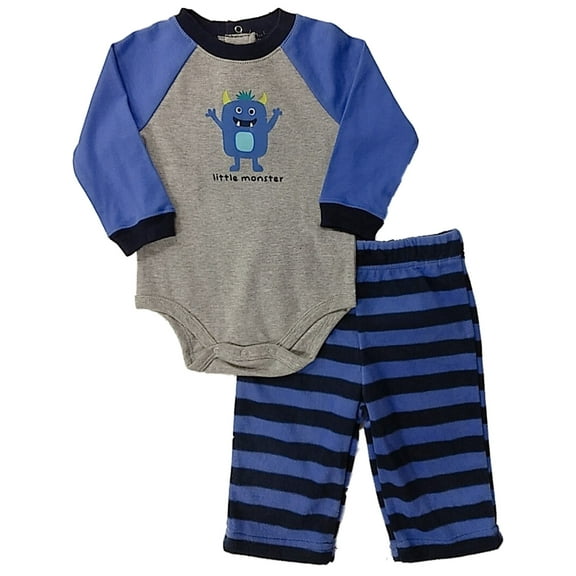 Infant Boys Gray Monster Long Sleeve Bodysuit & Blue Striped Pants Outfit 3/6m