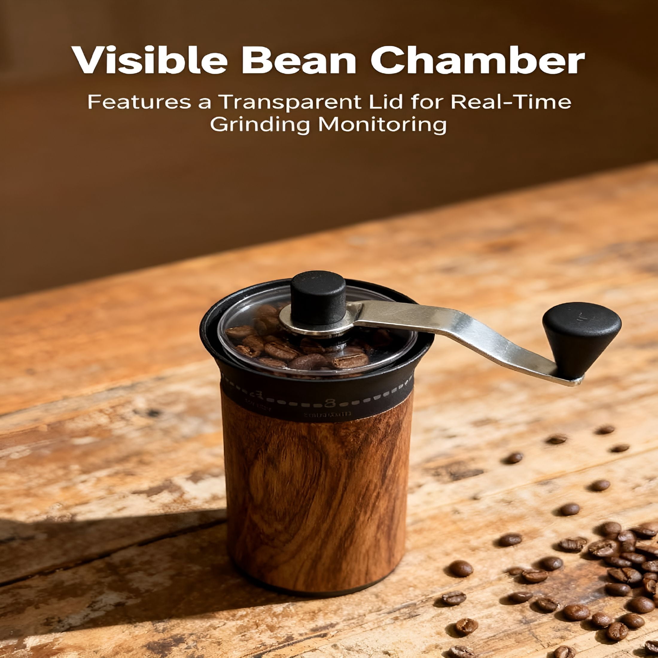 CURYMAY 2026 New Mini Manual Coffee Grinder - 56 External Grind Settings,Stainless Steel Body & Crank,Ceramic Burr,Portable Hand Grinder for Travel,Camping,Home Brewing - Wood Grain