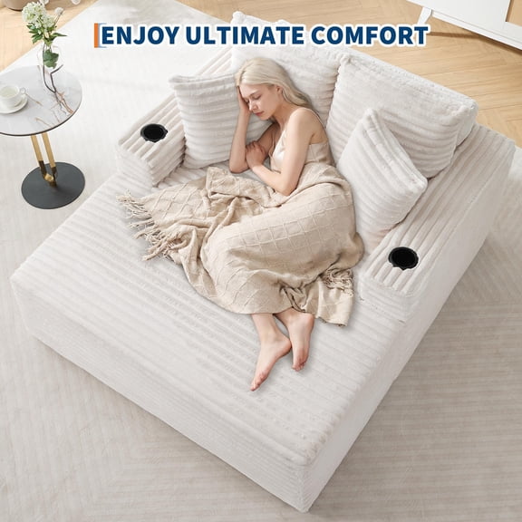 64 Inch Oversized Corduroy Convertible Chaise Lounge Sofa Bed, Armrest Pillow Cup Holder Comfort Foam Leisure Couch for Living Room Bedroom Office