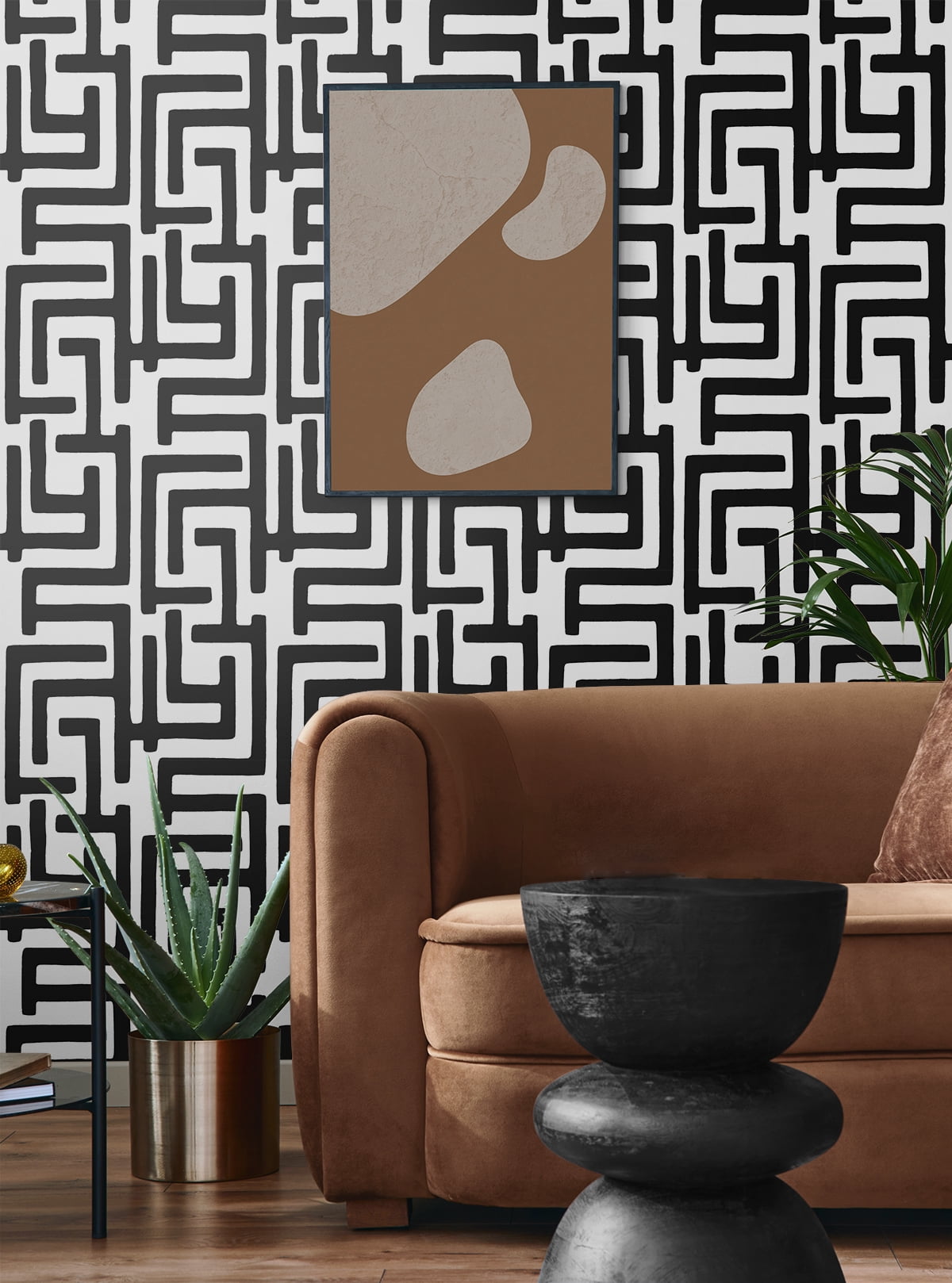 NextWall Black Graphic Maze Peel and Stick Wallpaper