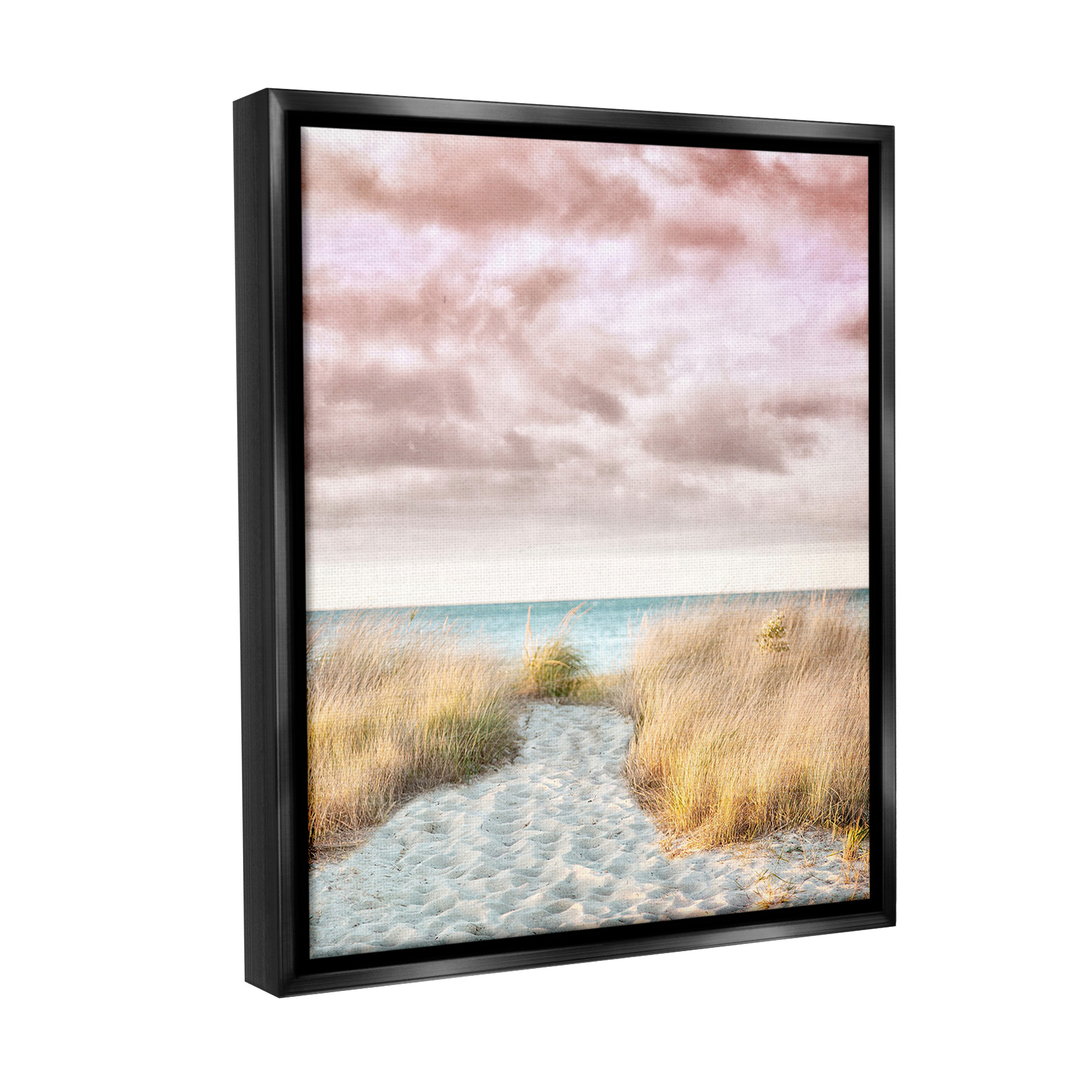 Stupell Industries Beach Path with Pink Sky Landscape Photography Black Floater Framed Canvas Art Print Wall Art, 17 x 21