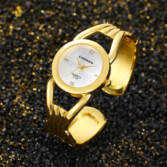 Women’s Golden Bangle Watch with White Round Dial,Minimalist Quartz Bangle Watch