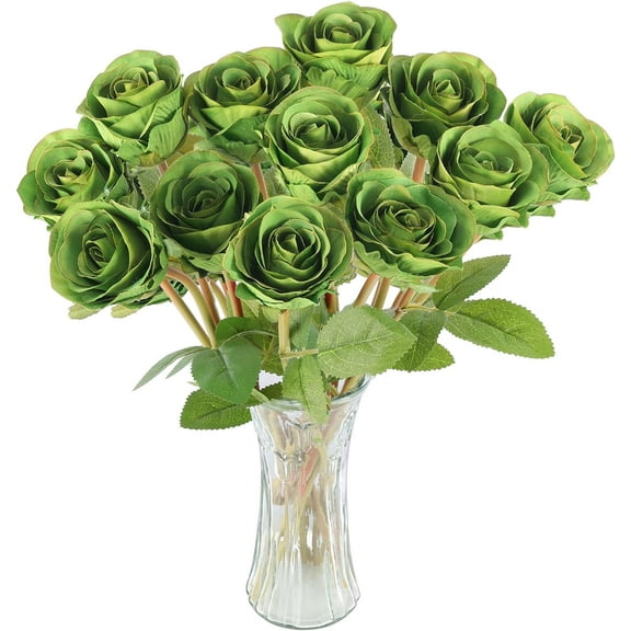 Artificial Roses Spring Flowers for St. Patrick's Day, Silk Green Roses Bouquet for St. Patrick's Day Home Decoration, Green Faux Roses for Valentine's Day and Wedding