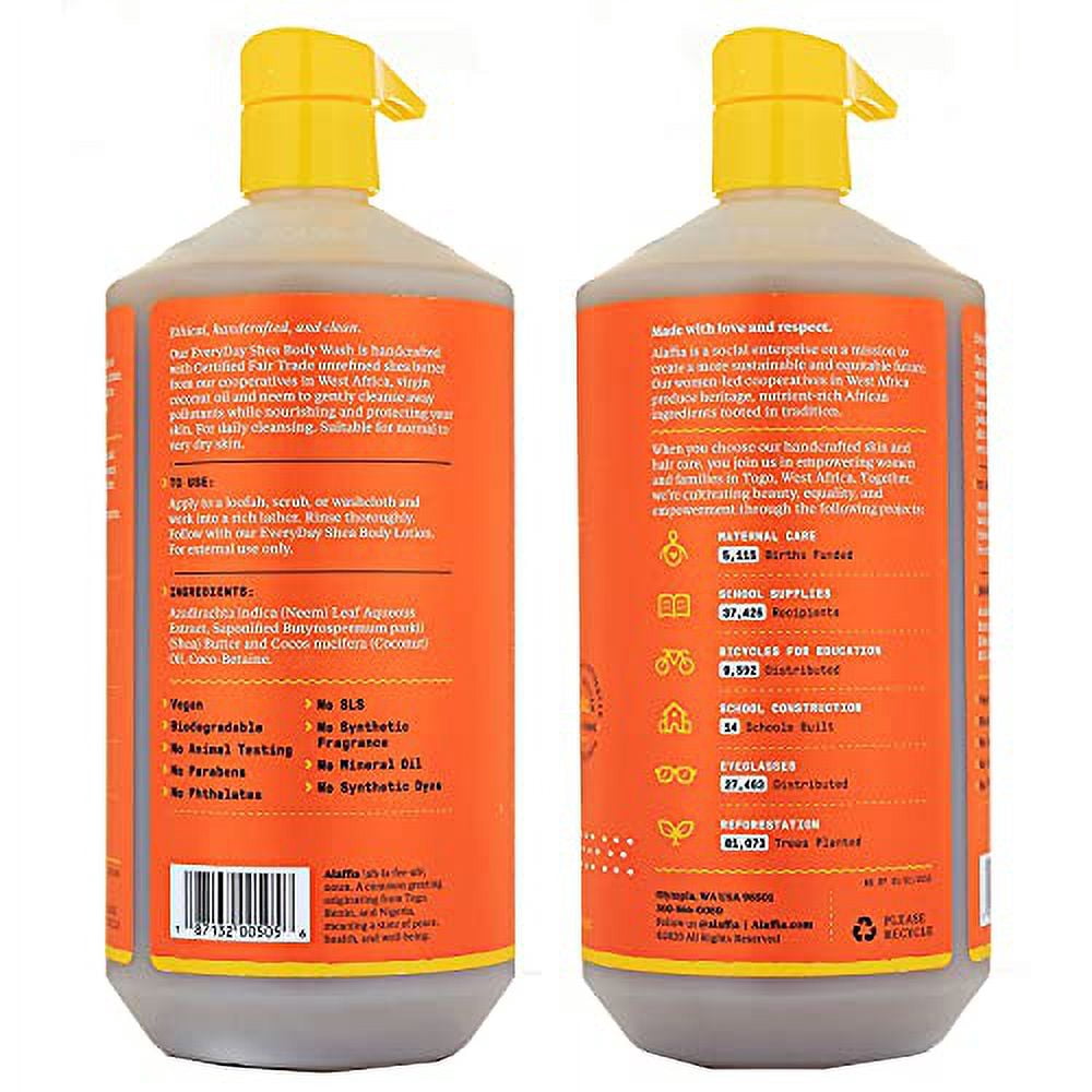 Alaffia Everyday Shea Body Wash, Naturally Helps Moisturize and Cleanse Without Stripping Natural Oils with Fair Trade Shea Butter, Neem, and Coconut Oil, Unscented, 2 Pack - 32 Fl Oz Ea
