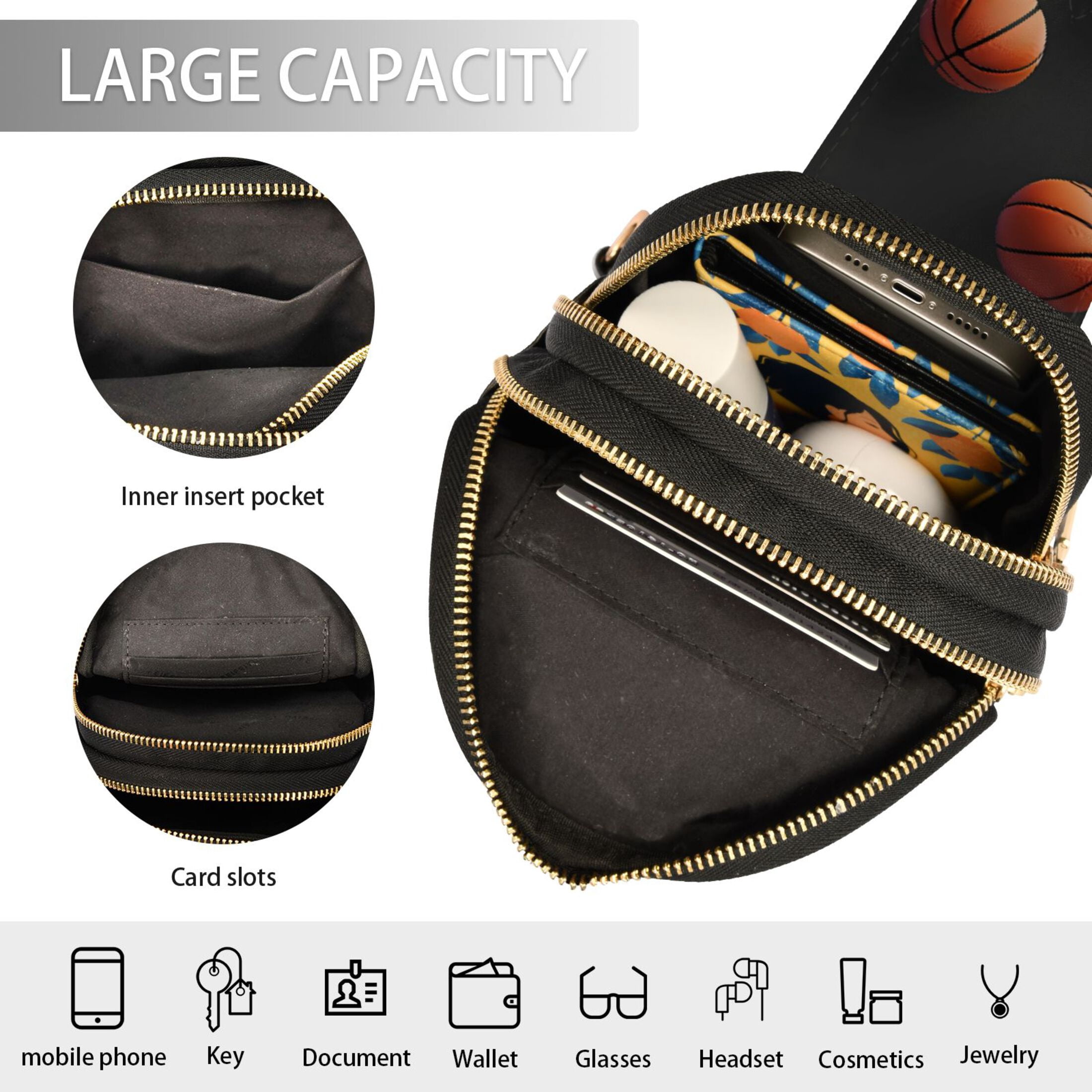 ALAZA 3d Basketballs Sling Bag for Women Men Waterproof Crossbody Chest Bags