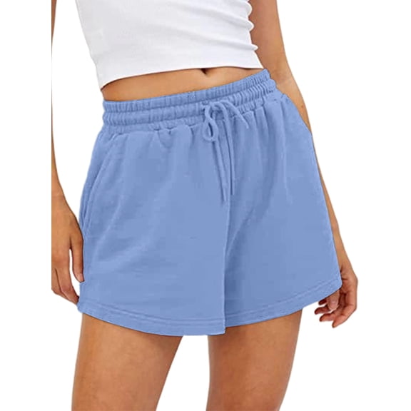 Women Sweat Shorts Casual Summer Comfy Lounge High Waisted Cotton Shorts with Pockets Light Blue M