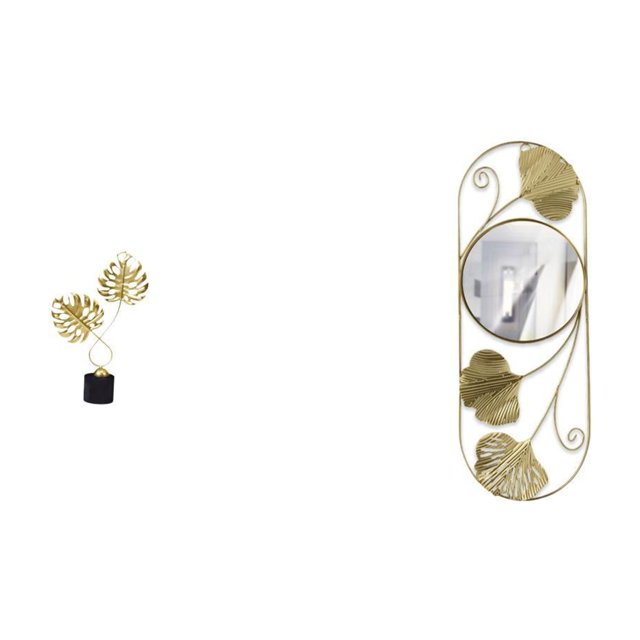 Estatua de hoja con espejo de pared, estilo nórdico colgante, de metal, hierro y madera. Artesanía decorativa ideal para sala de estar, dormitorio, of