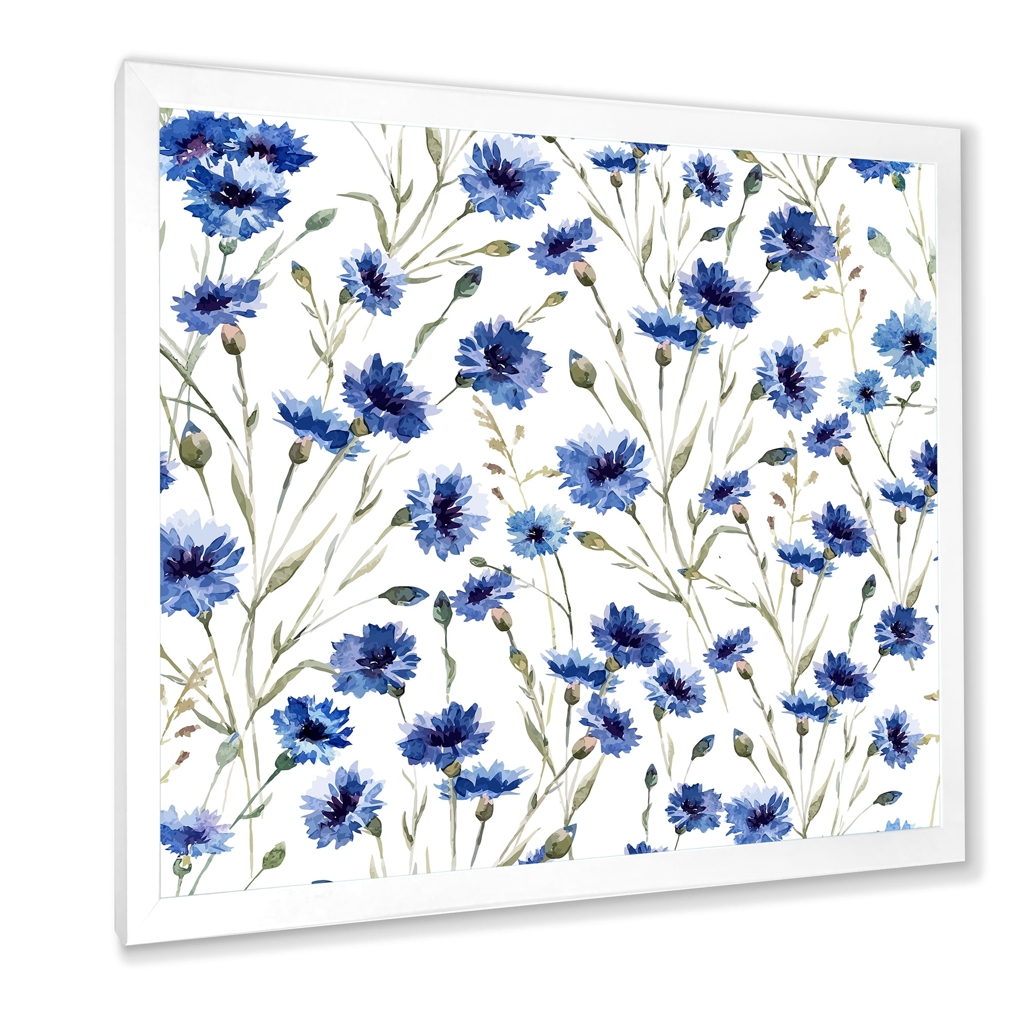 Designart 'Blue Wildflowers With Green Leaves On White' Traditional Framed Art Print